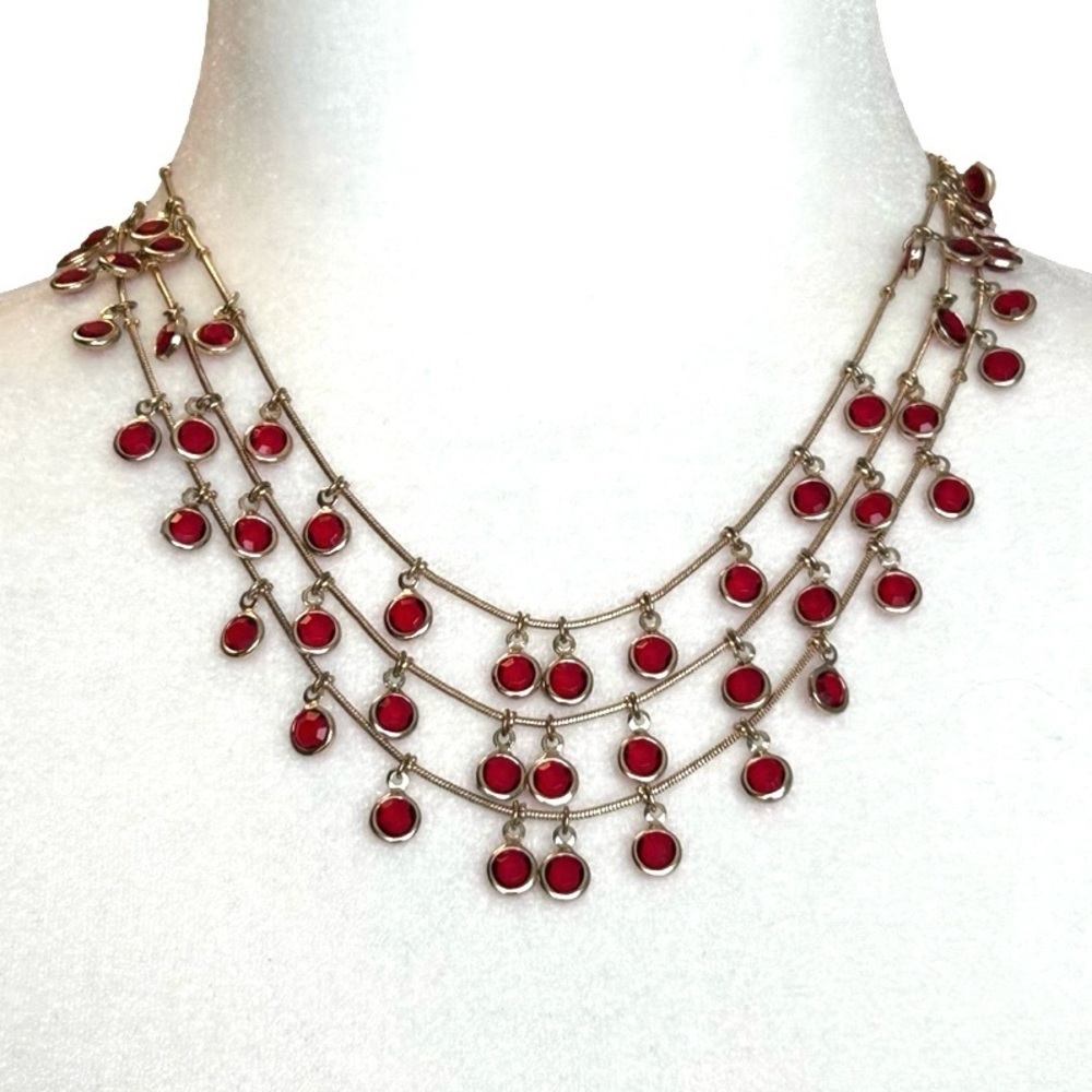 Anne Klein  Red Dangles Gold Tone Multi Stand Necklace